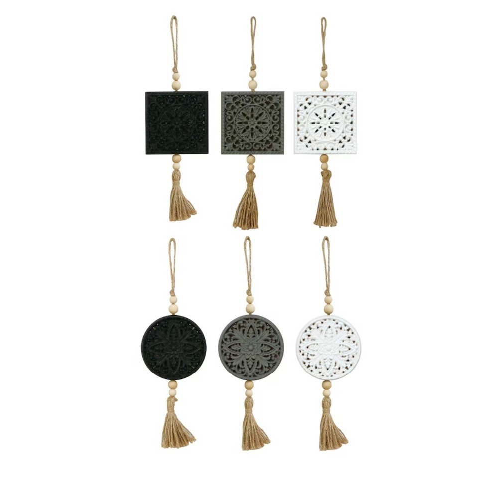 Set of 6 Decorative‎ Wall Hangings Square Round Mandala Tassel Wood Beads